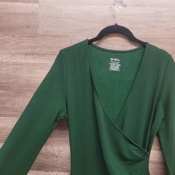 OGL Move Size L Surplice Wrap Midi Dress Green Long Sleeve Eco-Mousse Stretch - Picture 8 of 16